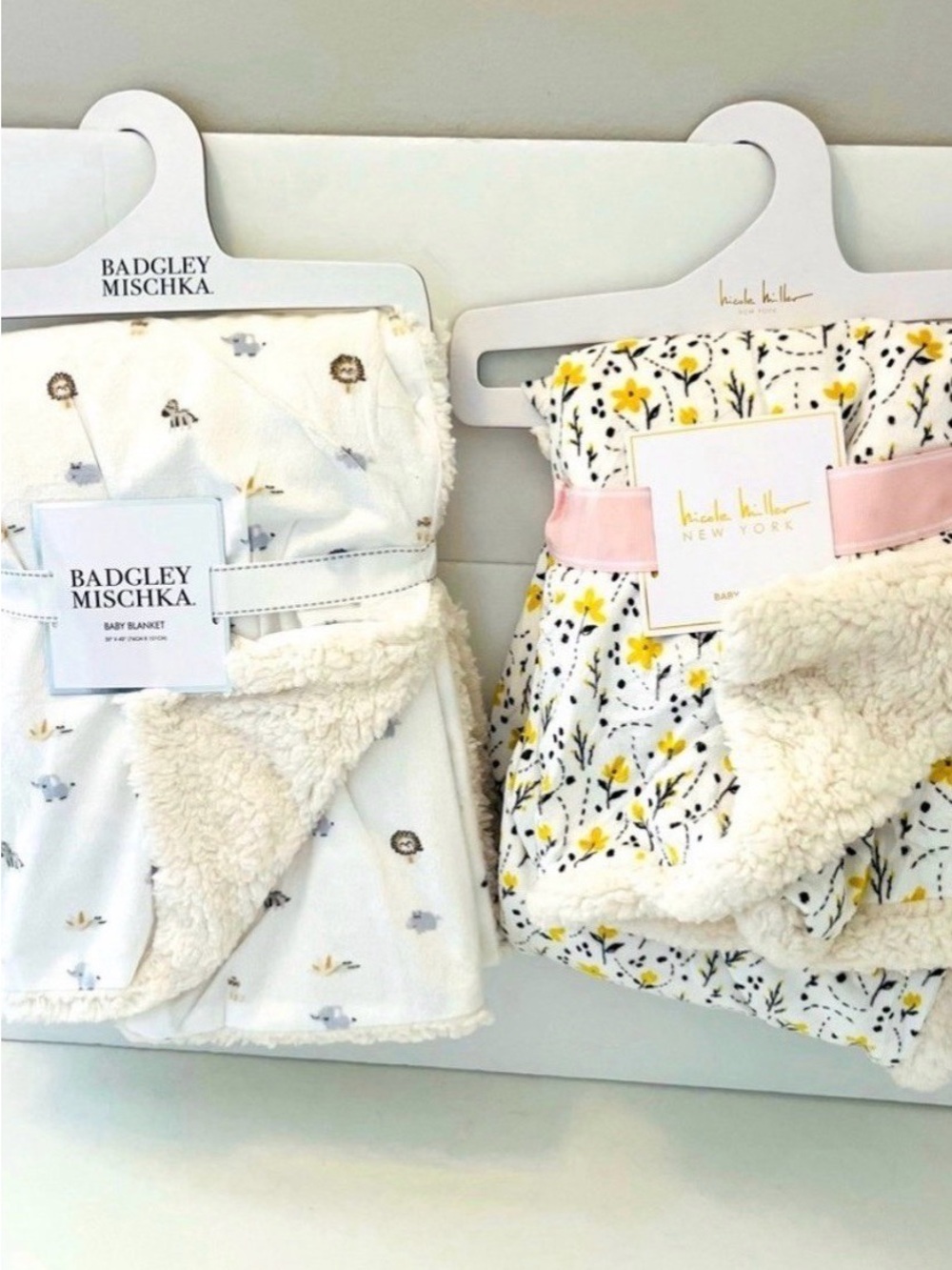 Badgley Mischka & Nicole Miller Lot of 2 Baby Blankets Safari & Yellow Flowers